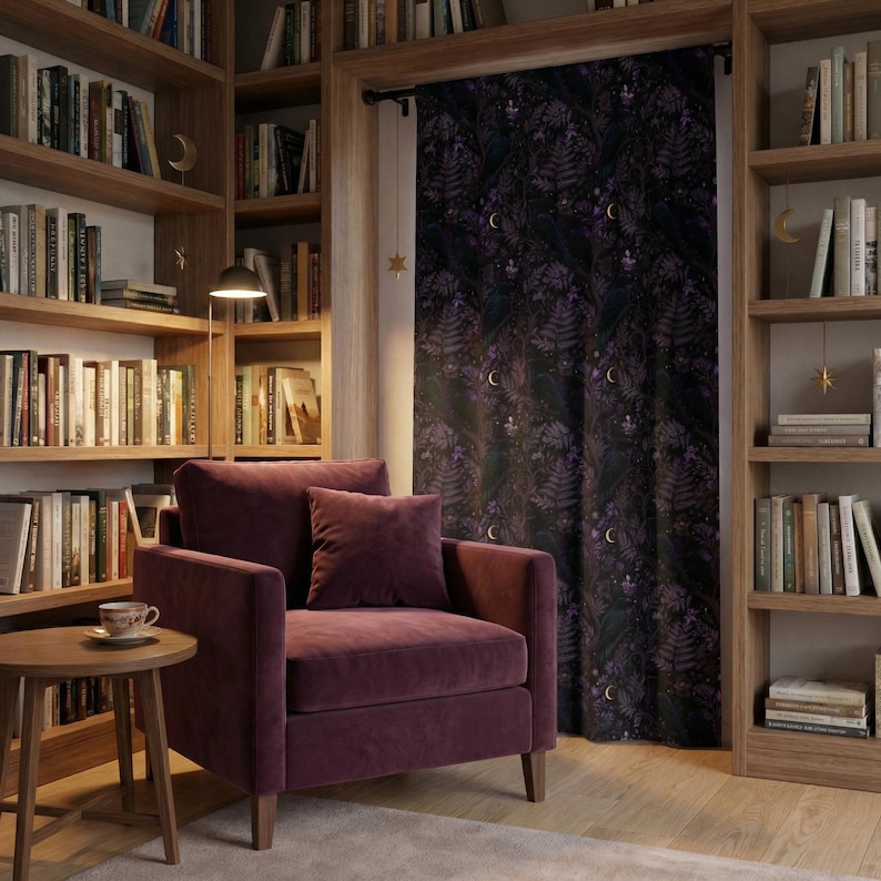 Masculine living room with dark woods and a deep purple raven blackout curtain, crisp details of ravens and foliage shown in soft highlights