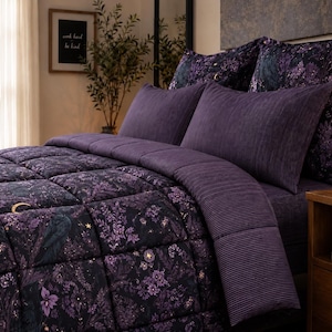 Gothic Raven Bedding Set, Dark Academia Comforter or Duvet Cover Set, Purple Bedding, Moody Bedroom Dorm Decor, Microluxe  - Reversible