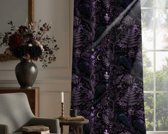 Purple Raven Blackout Curtain – Dark Goth Floral Moon Forest Drapes for Bedroom, Living Room, Book Nook | Dark Academia Décor
