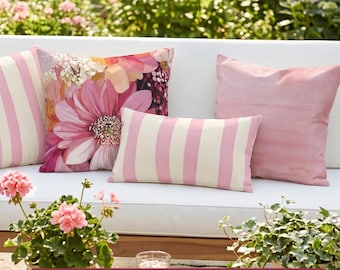 Pink Floral Outdoor Pillows Garden Party Patio Decor Set Watercolor Stripe Feminine Style Mix + Match