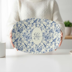 Personalized Monogram Toile Platter | 10x14 Inch Shatterproof Heat-Resistant Serving Dish | Custom Blue & White Chinoiserie Tableware