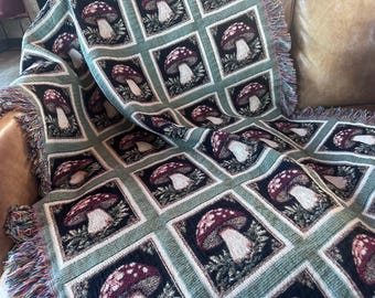 Cottage Core Mushroom Blanket - Whimsical Toadstool Throw for Cozy Rustic Charm, foraging Tapestry, gift for mushroom lover garden style
