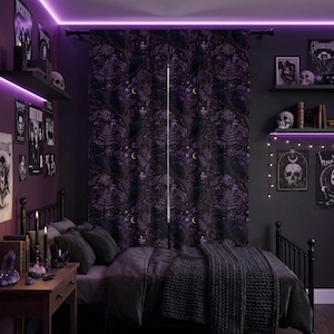 purple and black whimsigoth raven blackout curtain hanging in a goth teen bedroom, soft folds with light highlighting the raven and floral pattern