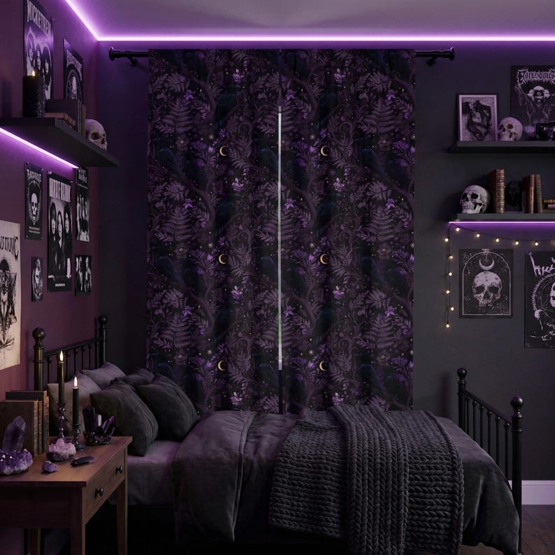 purple and black whimsigoth raven blackout curtain hanging in a goth teen bedroom, soft folds with light highlighting the raven and floral pattern