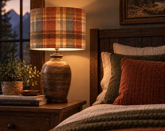 Plaid Lamp Shade Drum Style,  Fall Style Preppy Floor Lamp, Rust Green Gold Farmhouse Lodge Decor, Cabin Mountain Style Small or Large