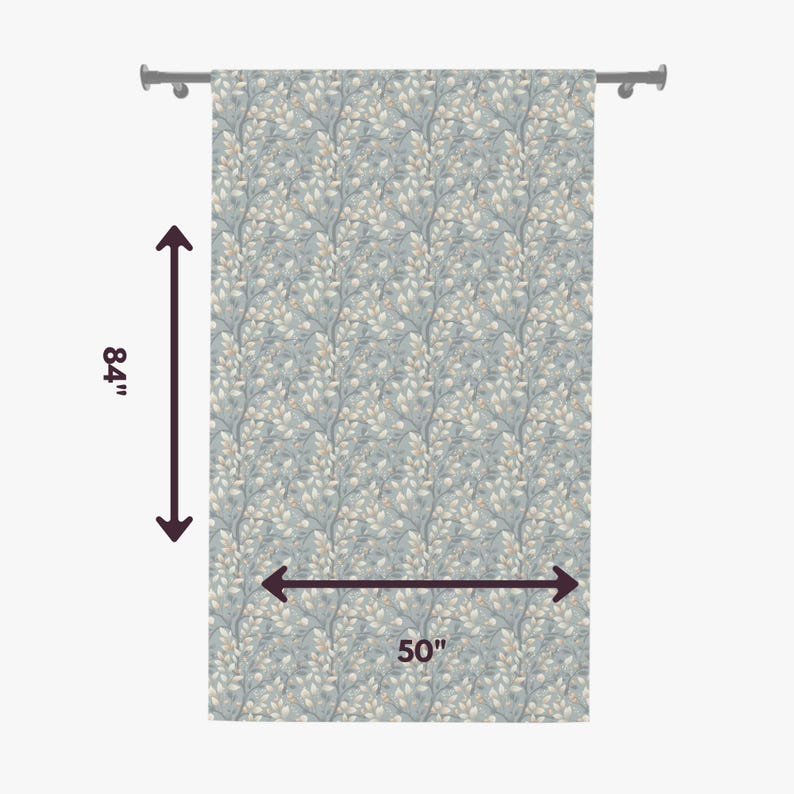 May include: A rectangular curtain featuring a repeating pattern of light-colored leaves and thin branches on a dusty blue background. The curtain is suspended from a rod and measures 84 inches in height by 50 inches in width as indicated.