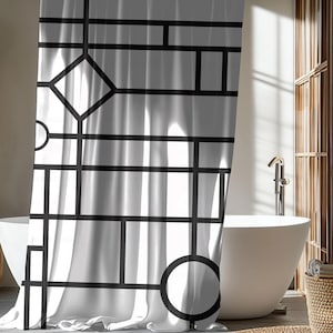 Schwarzer Duschvorhang mit weißer Bordüre- Minmaist Modernes Badezimmer Dekor, Geometrisches zeitgenössisches Interieur, monochromer Haus weißer Badezimmervorhang