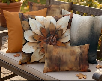 Elegant Fall Outdoor Pillows | Coordinating Autumn Porch Cushions | Floral Amber Gradient Lumbar Patio Decor Mix + Match