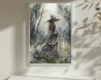 Cuadro de bruja de jardín, estilo gótico Dark Academia / Pintura de bosque Cottage Core en lienzo o enmarcada / Decoración mística de bruja para dormitorio