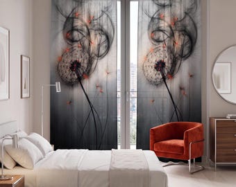 Dark Floral Sheer Curtain, Dandelion Botanical Panel, Moody Gothic Window Curtain, Modern Masculine Bedroom, Semi Sheer Single Panel 84"
