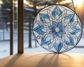 May include: A blue and white stained glass suncatcher with a mandala design. The suncatcher is hanging from a window.