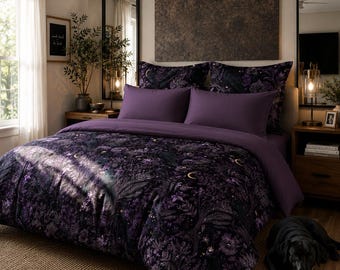 Gothic Raven Bedding Set, Dark Academia Comforter or Duvet Cover Set, Purple Bedding, Moody Bedroom Dorm Decor, Cotton Blend - Reversible