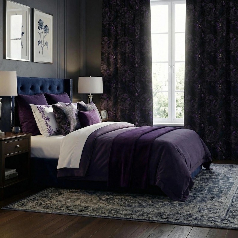 A bedroom scene featuring a bed with a navy blue headboard and a plush, deep purple comforter. Decorative pillows in shades of purple and white adorn the bed. Matching purple curtains frame a window, and a patterned rug lies on the floor.
