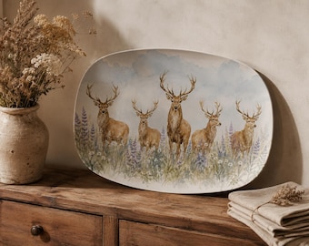 Stag Meadow Platter, Watercolor Deer Serving Tray, Rustic Woodland Dining, 14x10 Polymer Platter, Farmhouse Table Decor