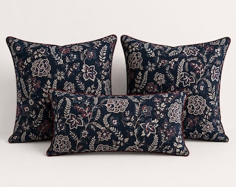Navy Floral Pillow w Burgundy Piping, Lumbar or Square | Cabin Lodge Bedroom Decor, Rustic Cottage Jacobean Accent Cushion