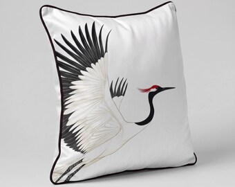 Elegant Crane Cotton Blend Indoor Pillow + Cover | Japanese style home decor | Designer style accent cushion for bedroom or living room
