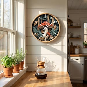 May include: A round wooden wall clock featuring a whimsical mushroom design. The clock face showcases a red and white mushroom scene with green foliage and tree trunks. The clock is mounted on a white wall, with a window and potted plants in the foreground.