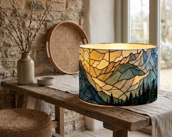 Stained Glass  Style Mountain Lamp Shade Linen Drum Replacement Shade Cabin Lodge Lakehouse Decor Table or Floor Lamp Option