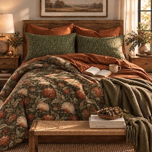 May include: A bed featuring a dark green duvet cover with a floral pattern of orange and cream chrysanthemums, two matching green shams, two solid orange pillows, and a textured olive green throw blanket. An open book rests on the bed.