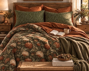 Fall Large Botanical Duvet Cover Set, Queen or King Reversible Cotton Blend Bedding, Olive Green Artichoke Bloom matching Bed collection