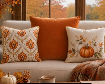 Fall Decor Pillows | Mix and Match Accent Pumpkin Collection Autumn Floral Throw Cushions with Piping | Seasonal Home Style  | Four sizes