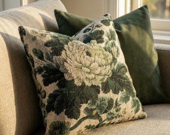 Green Floral Peony Woven Pillow | Tapestry Decorative Cushion | Vintage look floral home decor