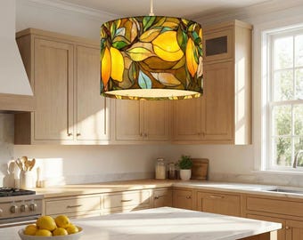 Lemon Kitchen Pendant Light Chandelier style hanging lamp, Drum Shade Ceiling Lamp | Stained Glass style | Kitchen Island Lighting