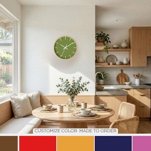 Reloj de pared de madera minimalista de color personalizado/Acento de pared para el hogar personalizado/Reloj de cocina/Decoración del hogar personalizada