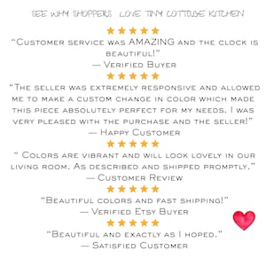 May include: A graphic display featuring the text SEE WHY SHOPPERS LOVE TINY COTTAGE KITCHEN followed by five customer reviews, each accompanied by five orange stars. A small red heart icon is positioned in the bottom right corner of the white background.