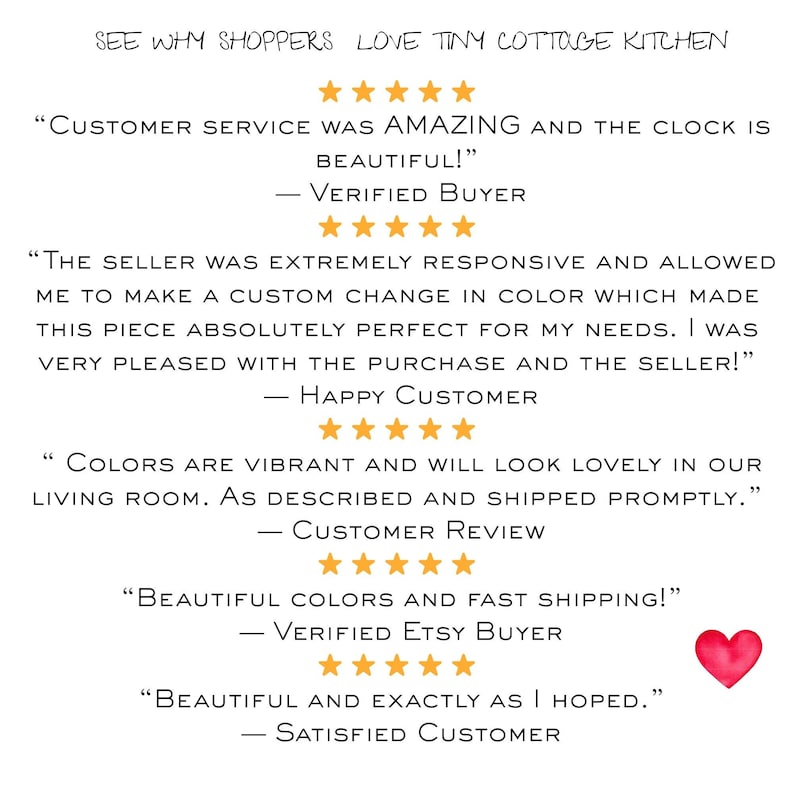 May include: A graphic display featuring the text SEE WHY SHOPPERS LOVE TINY COTTAGE KITCHEN followed by five customer reviews, each accompanied by five orange stars. A small red heart icon is positioned in the bottom right corner of the white background.