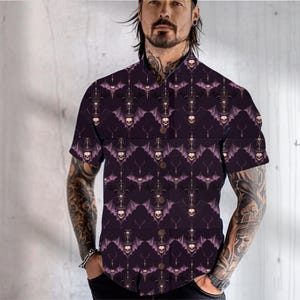 Men’s Vampire Shirt – Gothic Button Up Short Sleeve, Casual Vampire Aesthetic Shirt, Mens clothing Goth Shirt SM-5XL, Halloween or Alt Style