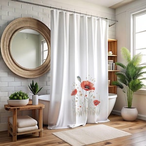 Red Poppy Wildflower Shower Curtain - Unique Floral Bathroom Decor, Cottage Core Bath Curtain, Rustic Farmhouse Flower Shower Drape,