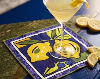 Lemon Blueberry Napkins, Bold Citrus Cloth Napkins in 2 Sizes, Cobalt Blue Kitchen Linens, Matisse Style Fruit Decor, Dinner or Cocktail Set