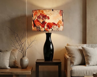 Japanese Tree Art Replacement Lampshade, Modern Red + Orange Lampshade, Warm Autumn Decor Lighting,  Tripod Floor Standing Lamp