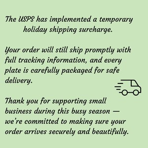 May include: A light green background with black text. The text states that the USPS has implemented a temporary holiday shipping surcharge. The text also thanks customers for supporting small businesses.