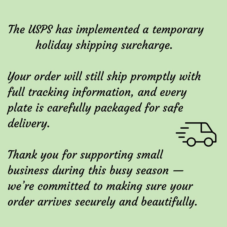 May include: A light green background with black text. The text states that the USPS has implemented a temporary holiday shipping surcharge. The text also thanks customers for supporting small businesses.