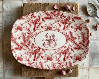 Personalized Holiday Monogram Platter – 10x14 Inch Red Toile Christmas Serving Dish | Shatterproof, Heat-Resistant, Custom Initial Tableware