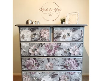 SOLD! Floral Pine Chest Of Drawers, Pine Furniture, Pine Drawers, Floral Furniture, Grey, Purple, White - Hand Painted.