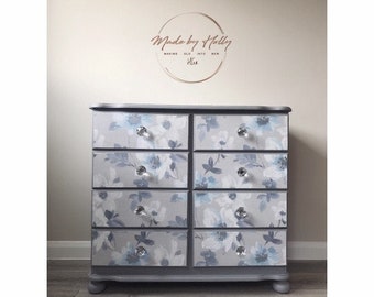 SOLD! Floral Pine Chest Of Drawers, Pine Furniture, Pine Drawers, Floral Furniture, Grey, Blue & White -Hand Painted, Refurbished, Upcycled