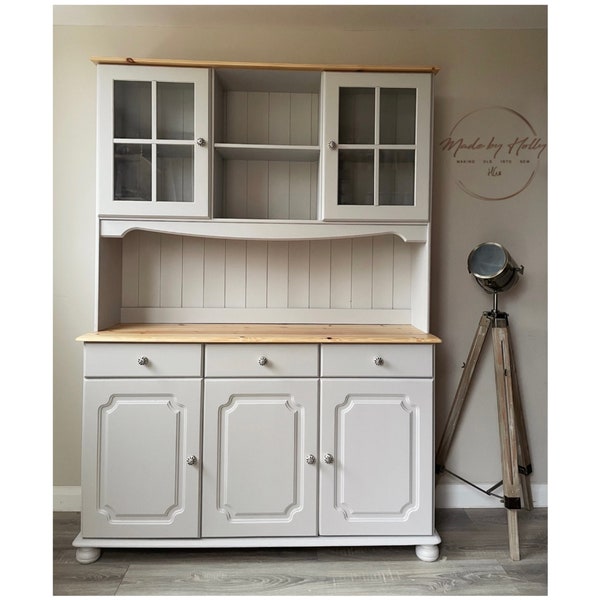 SOLD! Large Pine Grey 3 Door Glass Welsh Dresser Kitchen Unit / Cupboard / Drawers / Buffet /China Cabinet Country Furniture Hand Painted