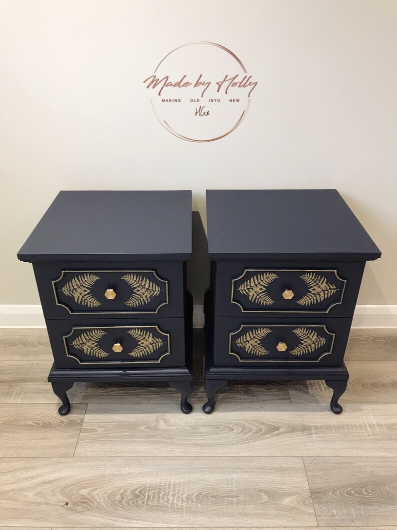 SOLD Navy and Gold Bedside Tables / / Drawers / Etsy