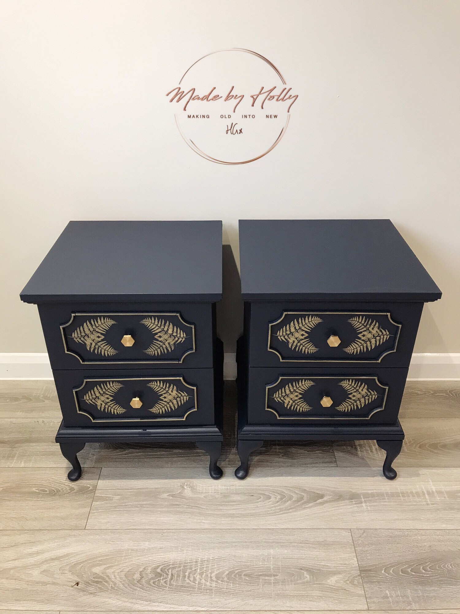 SOLD Navy And Gold Bedside Tables / / Drawers / Cupboards Art