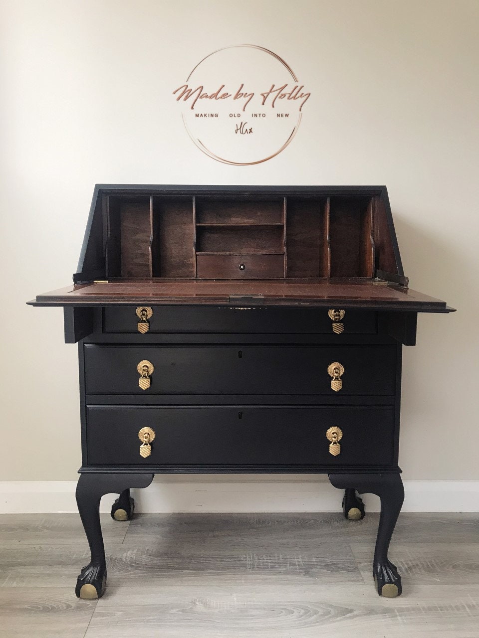 SOLD Antique Black Gold Writing Bureau writing Desk writing