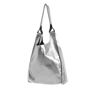 Silberne Leder-Einkaufstasche, Metallic-Ledertasche, Silber-Handtasche, Schultertasche, handgefertigt mit silbernem Leder