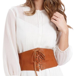 Soft Leather Corset Belt, Brown Wide Belt for Women, Handmade Corset Dress with Front Lacing and Elastic Back, All sizes Available