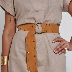 Suede Belt for Women, Leather Ring Belt, Wide Leather Belt with Studs, Round Buckle Belt, Soft Leather Belt