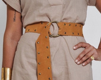 Suede Belt for Women, Leather Ring Belt, Wide Leather Belt with Studs, Round Buckle Belt, Soft Leather Belt