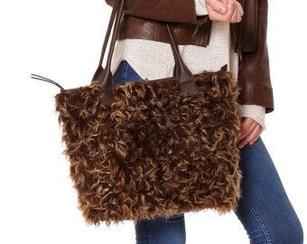 Fur tote bag, Medium size tote bag, Fur shoulder bag, Work tote for women, Quality handbag handmade with genuine leather.