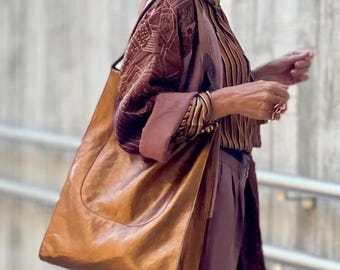 Metallic Leather Slouchy Hobo Bag, Handmade Bronze Large Shoulder Bag