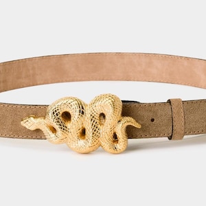 Women’s Leather Belt with Gold Snake Buckle, Handmade Belt in Beige Suede, Brown Suede or Black Hair-on Hide, Statement Gift for Her